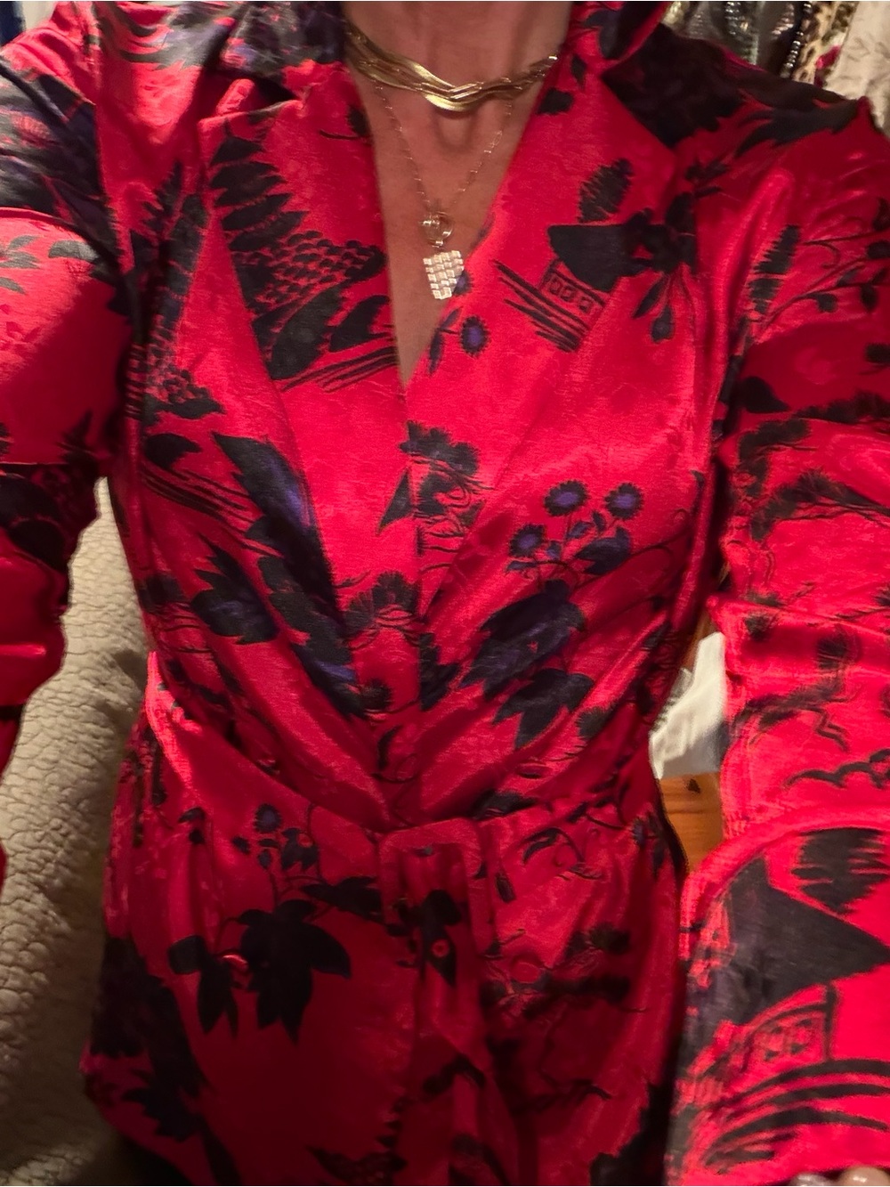 Zara Red Satin Robe with Black Floral Print